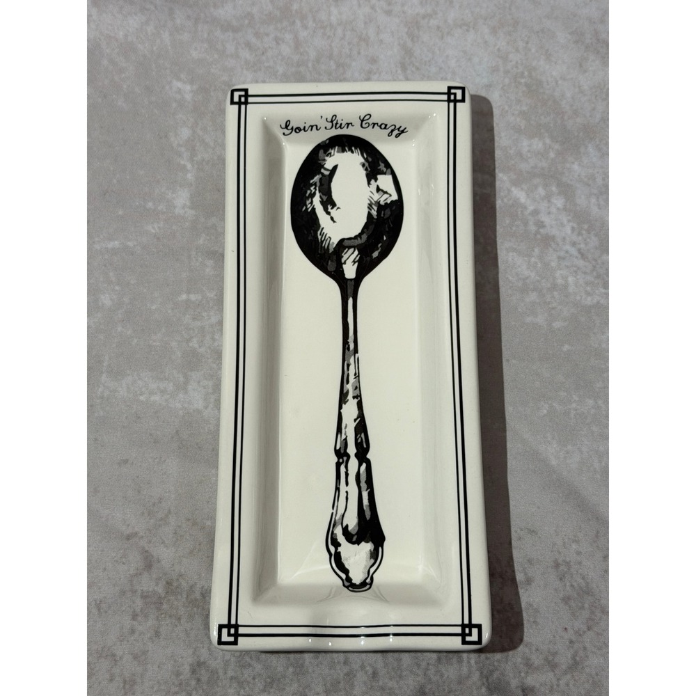 Home Essentials Goin‎ Stir Crazy Ceramic Spoon Rest Cream Black Rectangular Tray
